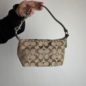 Coach Vintage Y2K Brown Signature Canvas and Green Leather Shoulder Bag
